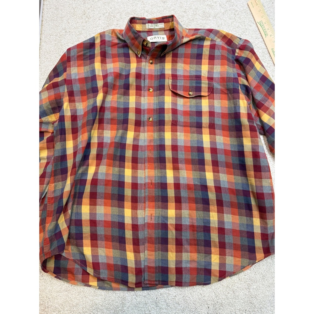 Orvis Mens XL Plaid Button Down Shirt Cotton‎ Wool Blend Multicolor Long Sleeve